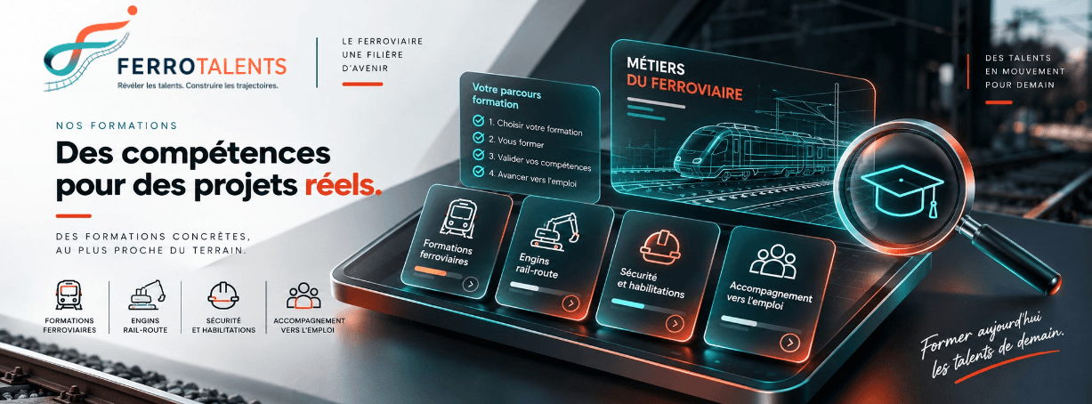 FERROTALENTS, nos formations : des compétences pour des projets réels. Formations ferroviaires, engins rail-route, sécurité et habilitations, accompagnement vers l’emploi. Former aujourd’hui les talents de demain.
